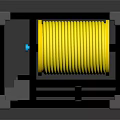 Black Frame Cube Structure With Yellow Circular Object Blue Dots And Mechanical Components
