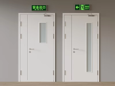 Two Emergency Exit Doors With Glass Panels And Green Indicator Signs 3d model