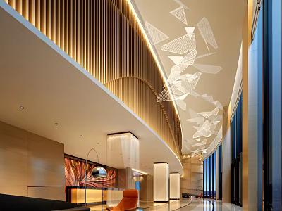 Modern Hotel Lobby Interior Design With Wooden Slats Artistic Chandeliers And Warm Lighting 3d model