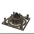Ancient Circular Building Structure With Stone Pillars Wooden Fencing And Central Rock Mound