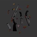 Vintage Revolvers And Shotguns With Scattered Bullets On Dark Surface