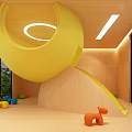 Colorful Children's Indoor Play Area Featuring Orange Sphere Yellow Slide Wooden Floor And Large Windows
