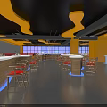 Modern Restaurant Interior Design With Tables Chairs Bar Counter Lighting And Large Windows
