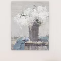 Abstract Oil Painting Still Life with White Flowers in Vase and Gray Blue Tones