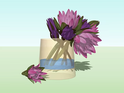Transparent Vase With Purple Pink Flowers And Water Featuring Fallen Blossom 3d model