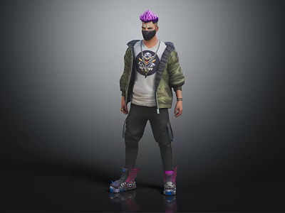 Masked Character With Purple Hair In Green Jacket And White T-Shirt Featuring Mythical Creature Design 3d model