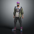 Masked Character With Purple Hair In Green Jacket And White T-Shirt Featuring Mythical Creature Design
