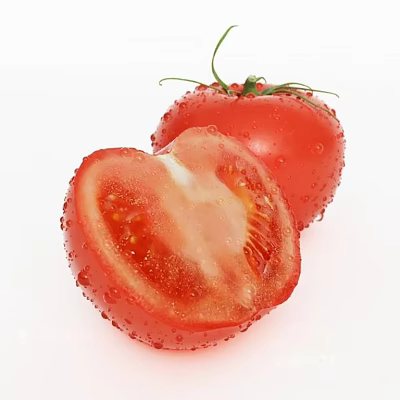 Fresh Ripe Red Tomato with Water Droplets Whole and Sliced View 3d model