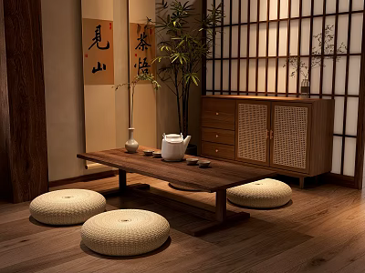 Japanese Wooden Tea Table With Floor Cushions Bamboo Plant Calligraphy Scrolls And Shoji Screen Interior 3d model