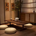 Japanese Wooden Tea Table With Floor Cushions Bamboo Plant Calligraphy Scrolls And Shoji Screen Interior
