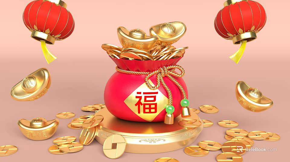 Fortune Bag With Fu Character Gold Ingots Coins And Red Lanterns 3d model 