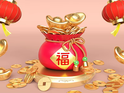 Fortune Bag With Fu Character Gold Ingots Coins And Red Lanterns 3d model