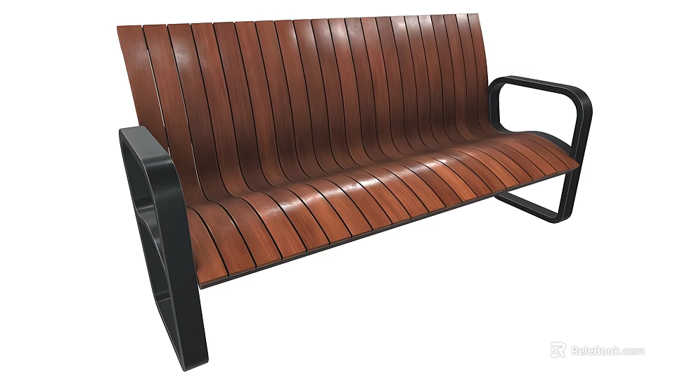 Modern Outdoor Chair With Wooden Striped Seat Black Metal Frame And Armrests 3d model 