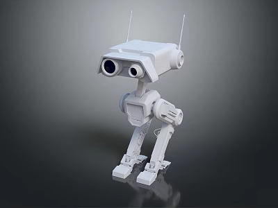 White Robot Character With Antenna Large Eyes And Mechanical Arms Standing On Dark Background 3d model