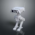 White Robot Character With Antenna Large Eyes And Mechanical Arms Standing On Dark Background
