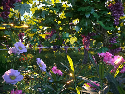 Lush Vine With Purple Grapes Pink Flowers And Green Leaves In Sunlit Garden 3d model