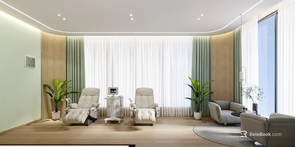Serene Spa Room With Comfortable Reclining Chairs Green Plants And Curtains 3d model 
