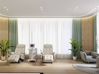 Serene Spa Room With Comfortable Reclining Chairs Green Plants And Curtains 3d model
