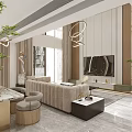 Modern Duplex Living Room Interior With High Ceiling Large Windows And Hanging Chandelier 3d model