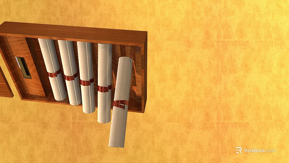 Wooden Rack With Rolled Scrolls Tied By Red Ribbons On Yellow Textured Wall 3d model 