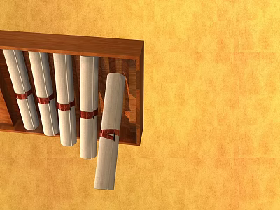 Wooden Rack With Rolled Scrolls Tied By Red Ribbons On Yellow Textured Wall 3d model