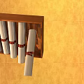 Wooden Rack With Rolled Scrolls Tied By Red Ribbons On Yellow Textured Wall