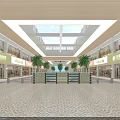 Shopping Mall Lobby Interior With Glass Skylight Shops And Green Plants