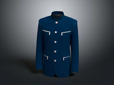 Classic Blue Tailored Coat With White Trim And Front Buttons 3d model