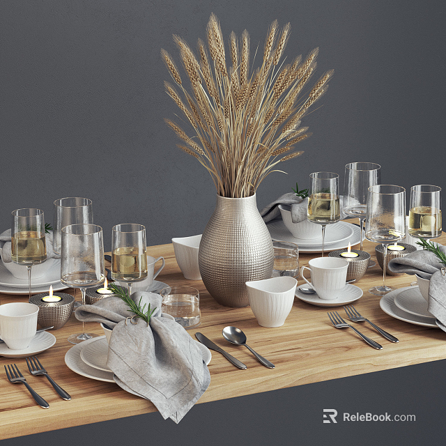 Elegant Tableware Set With Glasses Plates Bowls Silver Vase And Wheat On Wooden Table 3d model 
