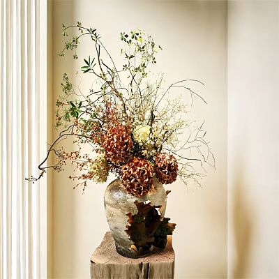 Textured Ceramic Vase With Hydrangeas Branches And Green Leaves In Indoor Natural Light 3d model