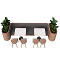 Public Bench Setup With Green Plants White Tables And Wooden Stools 3d model