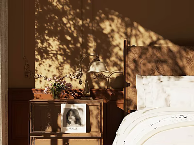 Wooden Nightstand Beside Bed With Vintage Lamp Flower Vase And Photo In Sunlight Shadows 3d model