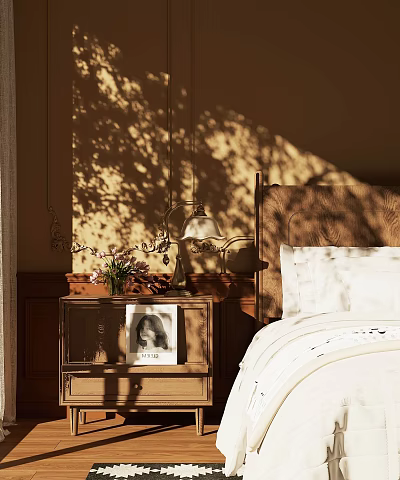 Wooden Nightstand Beside Bed With Vintage Lamp Flower Vase And Photo In Sunlight Shadows 3d model