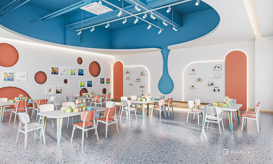 Colorful Kindergarten Interior With Blue White Ceiling Spotlights Circular Decorations And Orange White Tables Chairs 3d model 