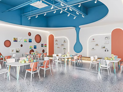 Colorful Kindergarten Interior With Blue White Ceiling Spotlights Circular Decorations And Orange White Tables Chairs 3d model