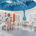 Colorful Kindergarten Interior With Blue White Ceiling Spotlights Circular Decorations And Orange White Tables Chairs