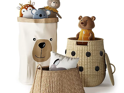 Storage Baskets for Stuffed Toys and Pillows with Bear Face Design Woven Styles and Lids 3d model