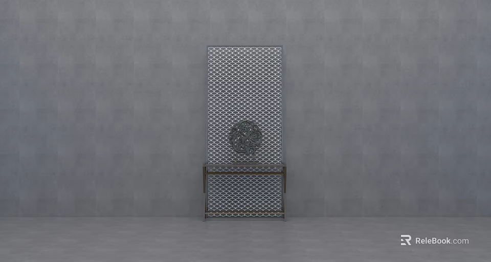 Modern Partition with Grid Pattern Design Against Gray Background and Small Table with Circular Decor 3d model