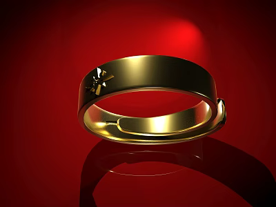 Shiny Gold Ring With Star Decoration On Red Background For Jewelry Collection 3d model