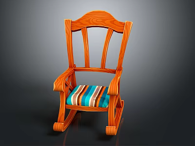 Wooden Rocking Chair With Armrests And Striped Cushion For Home Furniture 3d model