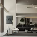 Spacious High Ceiling Living And Dining Room With Elegant Minimalist Interior Design And Cozy Furnishings
