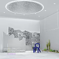 Modern Public Office Space With Open Layout Green Plants And Circular Ceiling Lights