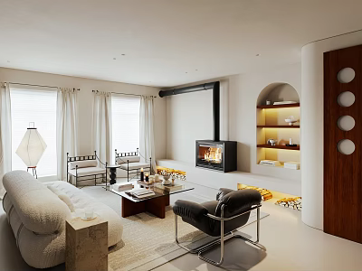Modern Living Room Interior With White Sofa Black Leather Chair Fireplace And Arched Bookshelf 3d model