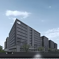 Modern Urban Office Building With Glass Curtain Wall Surrounding Trees And Road