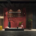 Traditional Chinese Elevator Hallway Interior With Wooden Lattice Red Wall And Pendant Lamp