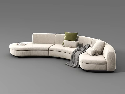 Beige Curved Sectional Sofa with Green Throw Pillow and Gray Blanket in Modern Living Room 3d model