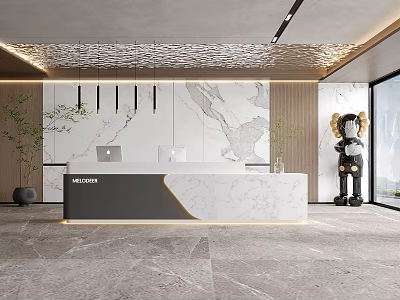 Modern Front Desk Reception Interior Design With Marble Counter Lighting And Decorative Plants 3d model