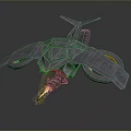 Sleek Futuristic Blue Geometric Drone Model With Red Glowing Thrusters Front Cannon And Yellow Beam