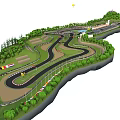 Scenic Curved Karting Track Featuring Green Trees Colorful Flags Fences And Yellow Sign