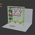 Mechanical Structure Model with Colored Pipelines Metal Frame and Components on White Base